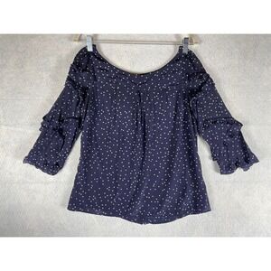 Anthropologie Maeve 100% Silk Polka Dot Ruffle Sleeve Blouse Navy‎ Blue